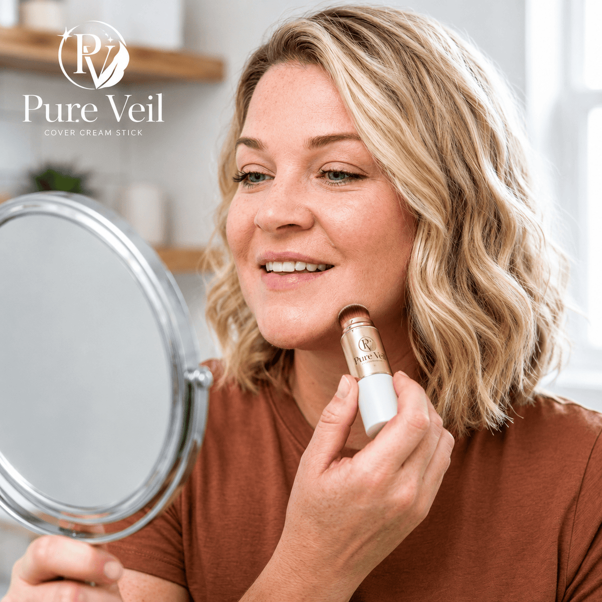Applying a foundation stick in the mirror for a quick morning routine
