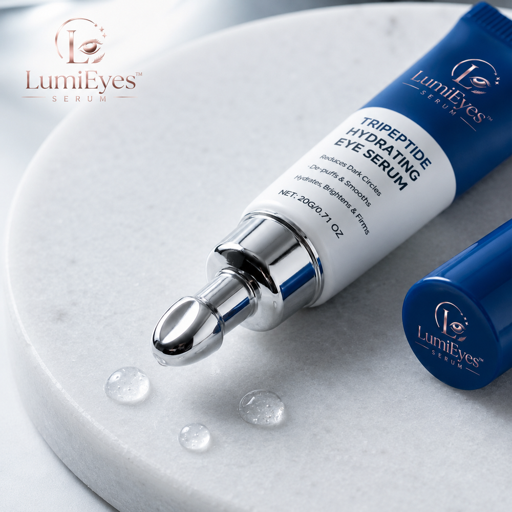 LumiEyes™ Serum bottle on a marble surface
