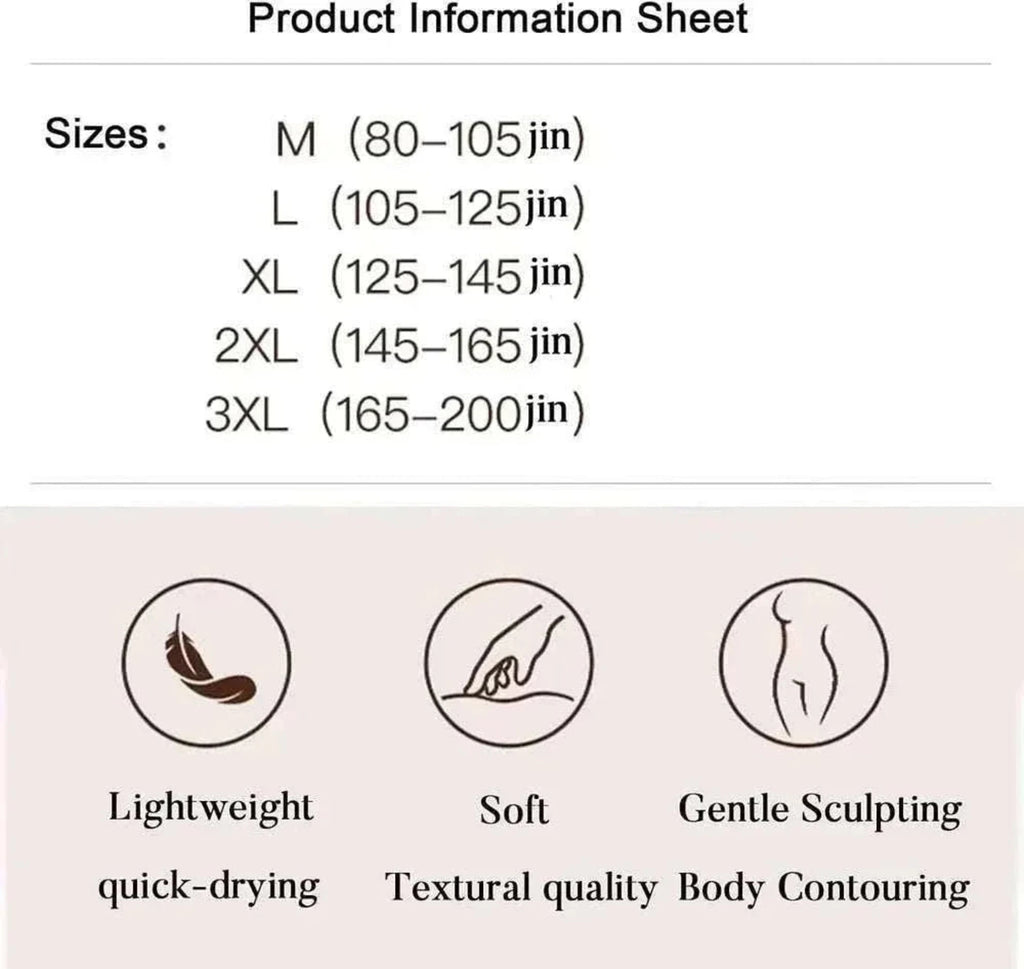 Contour™ Body Camisole product information sheet listing sizes and lightweight, soft, quick-drying fabric with gentle body contouring properties.