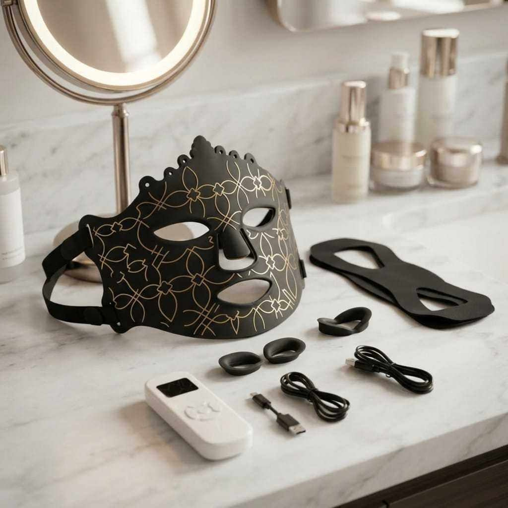 Pro Light Thera™ Mask LED therapy set with a black silicone mask, gold looping pattern, black eye covers and white controller.