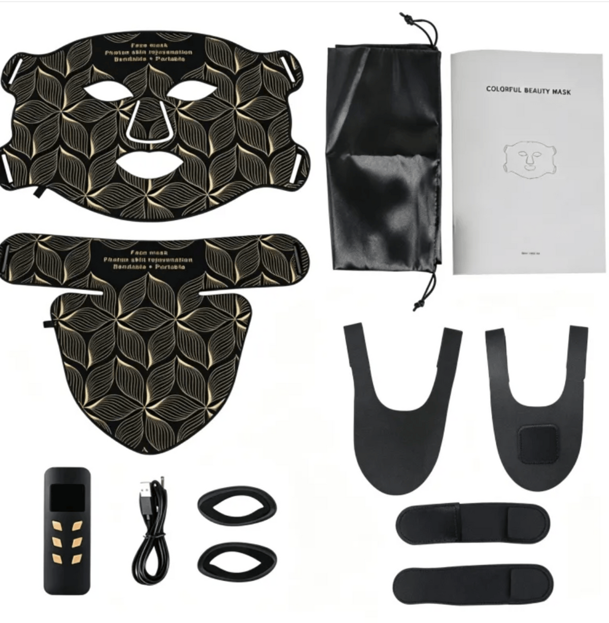 Pro Light Thera™ Mask set with black and gold patterned face and neck panels, controller, straps and accessories