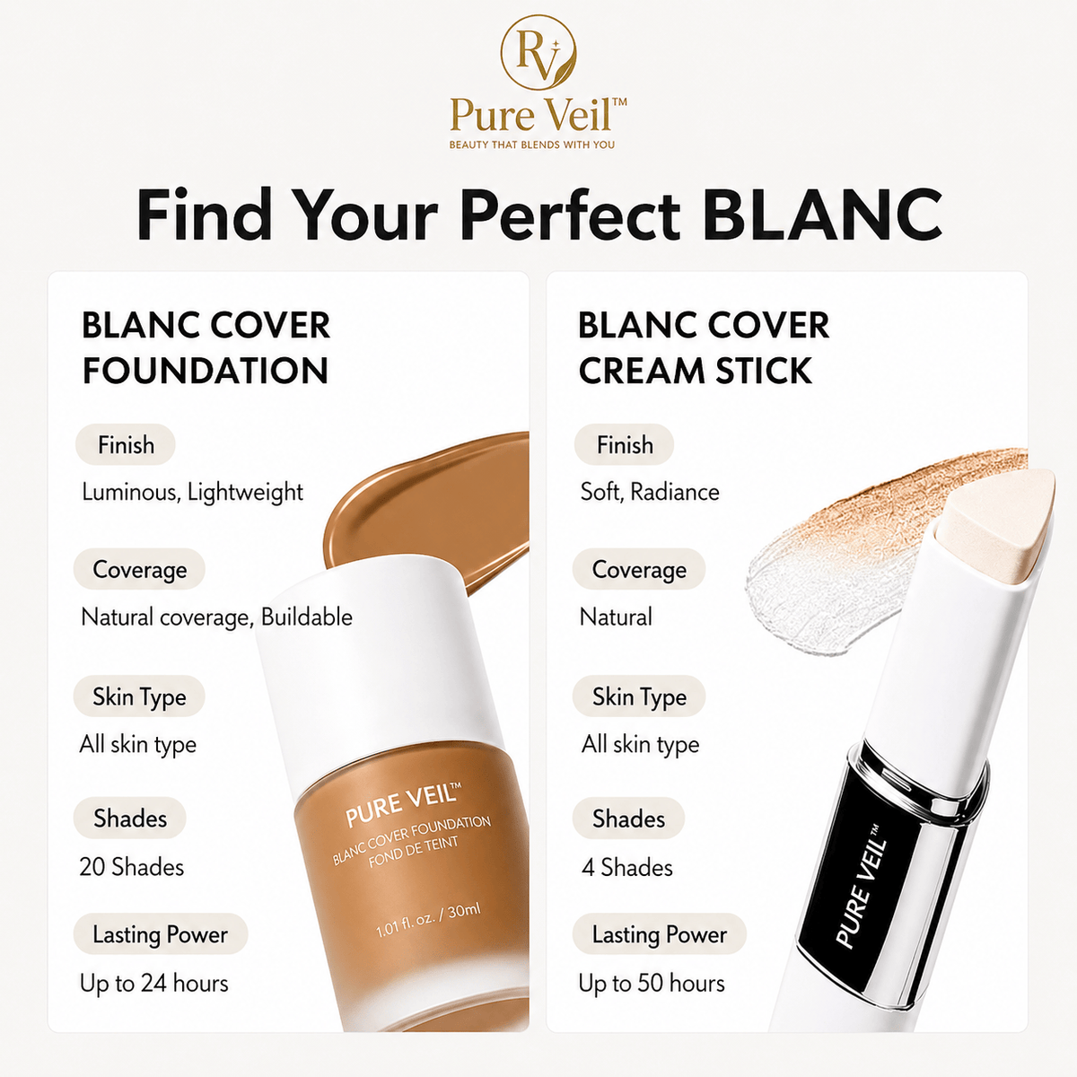 Pure Veil™ Colour Changing Foundation Stick, white twist-up balm with built-in brush and a soft champagne-finish swipe