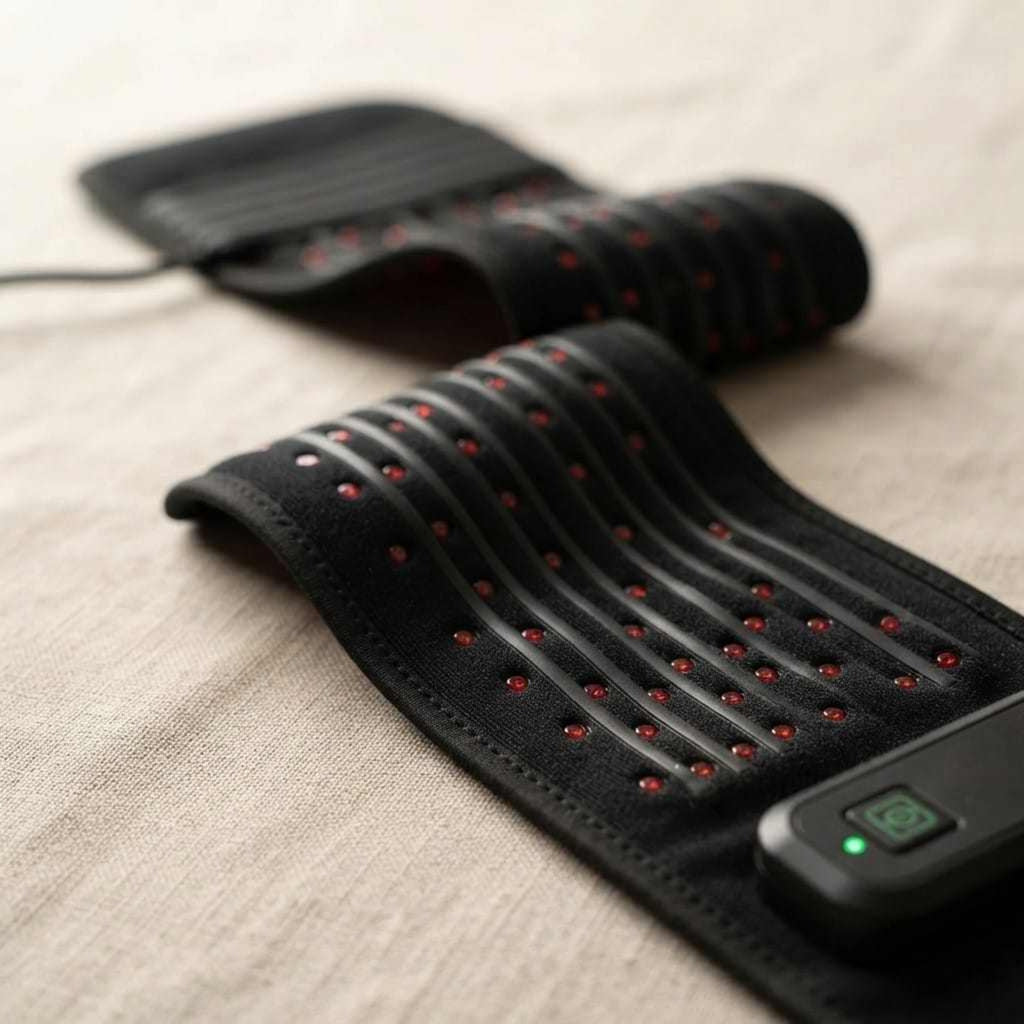 Red Light Thera™ Belt with a black flexible fabric panel, rows of red LED lights and a wired control unit.