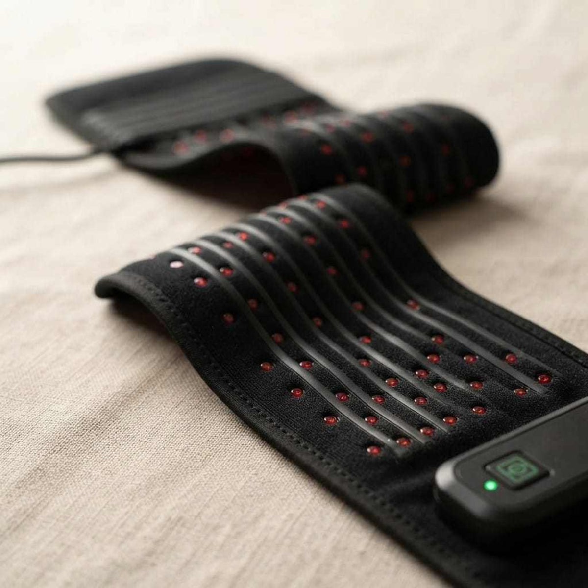 Red Light Thera™ Belt with a black flexible fabric panel, rows of red LED lights and a wired control unit.