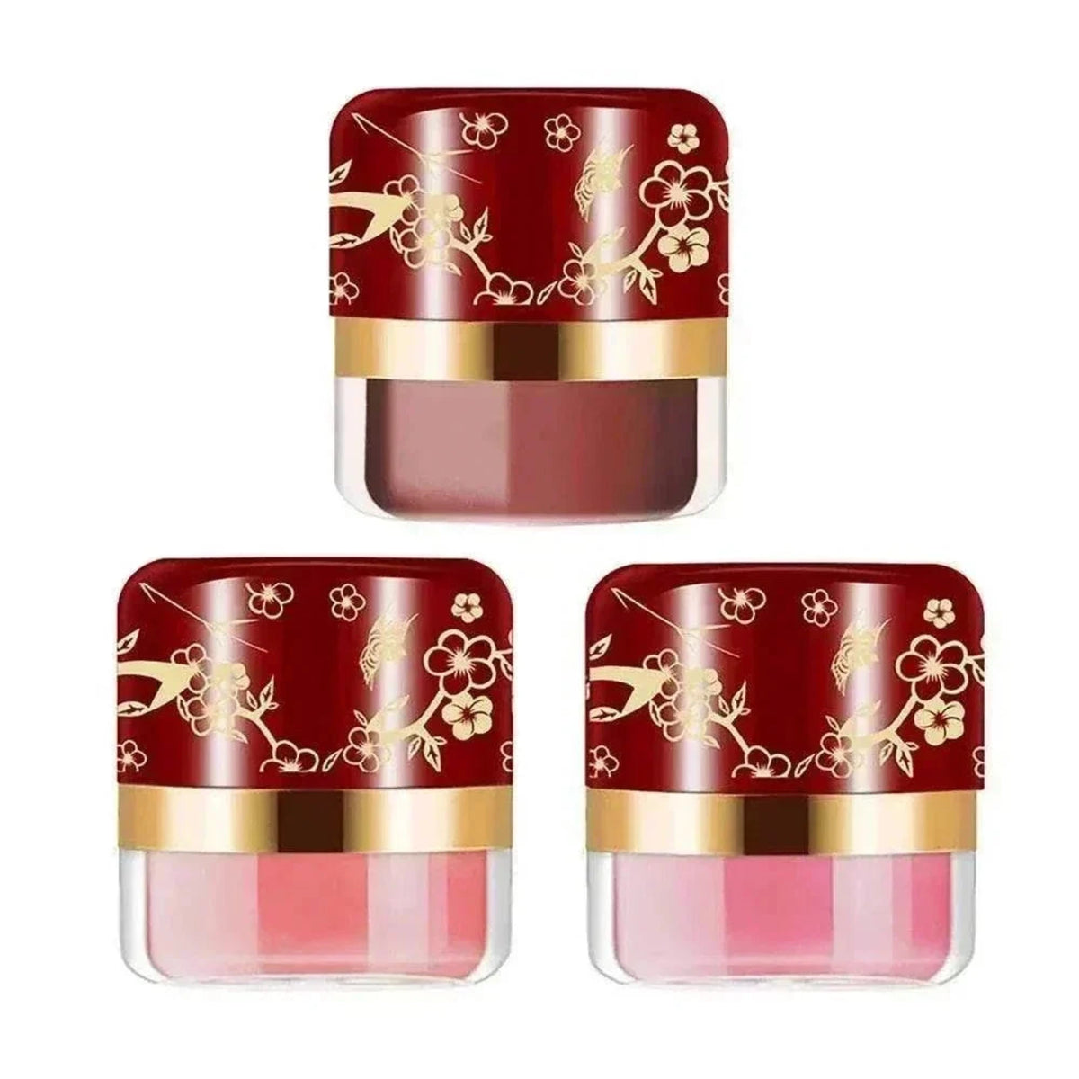 Veloura™ Powder Blush Set with three clear-bottom compacts, red floral-patterned lids, gold bands and pink blush shades