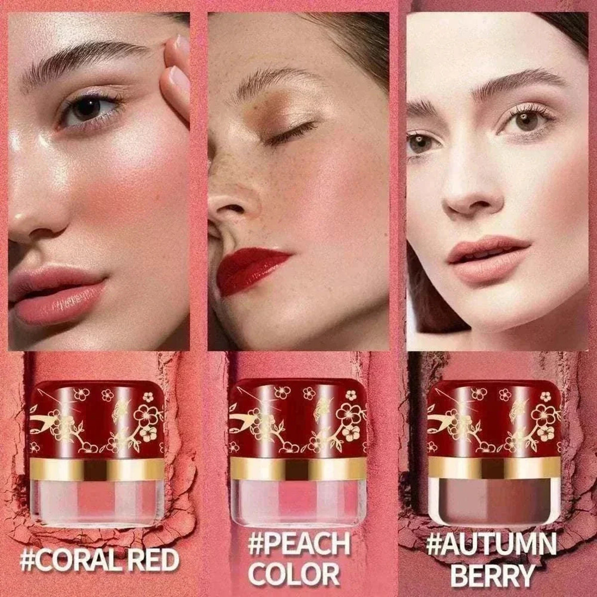 Veloura™ Powder Blush Set with three red-and-gold floral compacts and coral red, peach, and autumn berry shades