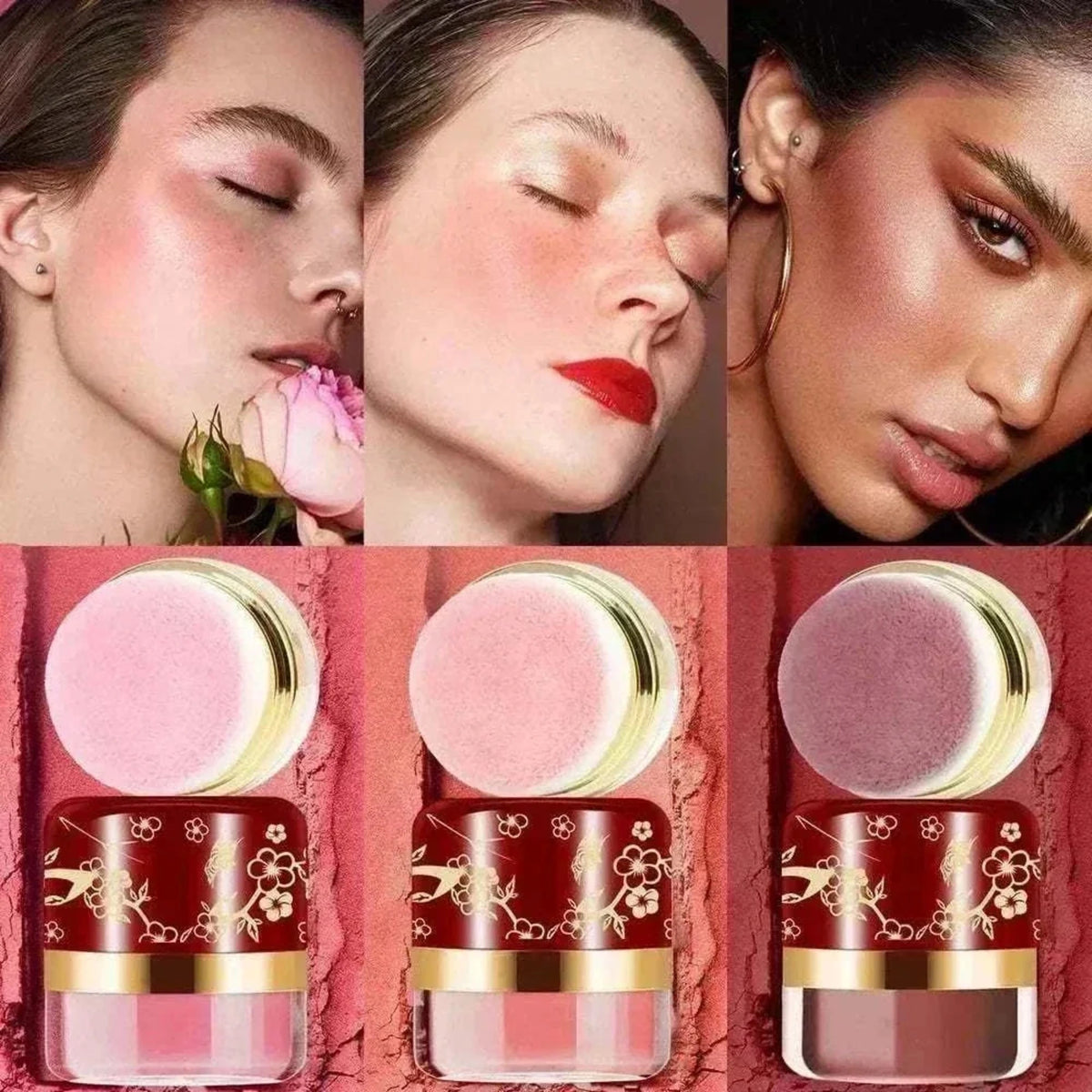 Veloura™ Powder Blush Set with three round pressed blush shades in pink, peach and mauve in floral gold-trimmed compacts